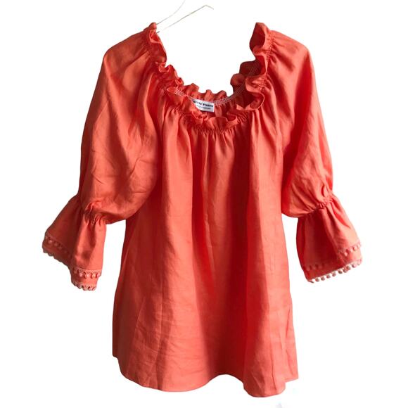 Paris Susan Sutherland Linen Blouse XL Coral Embroidered - Picture 15 of 16